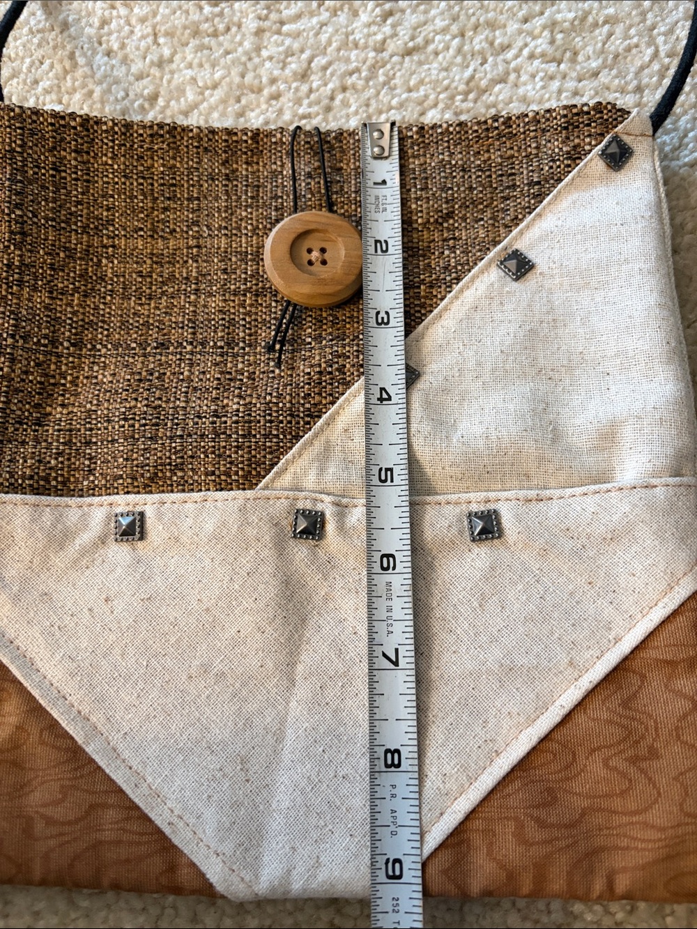 Handmade Boho Patchwork Crossbody Bag in Brown and Cream Tones with Studs - New - Picture 11 of 15